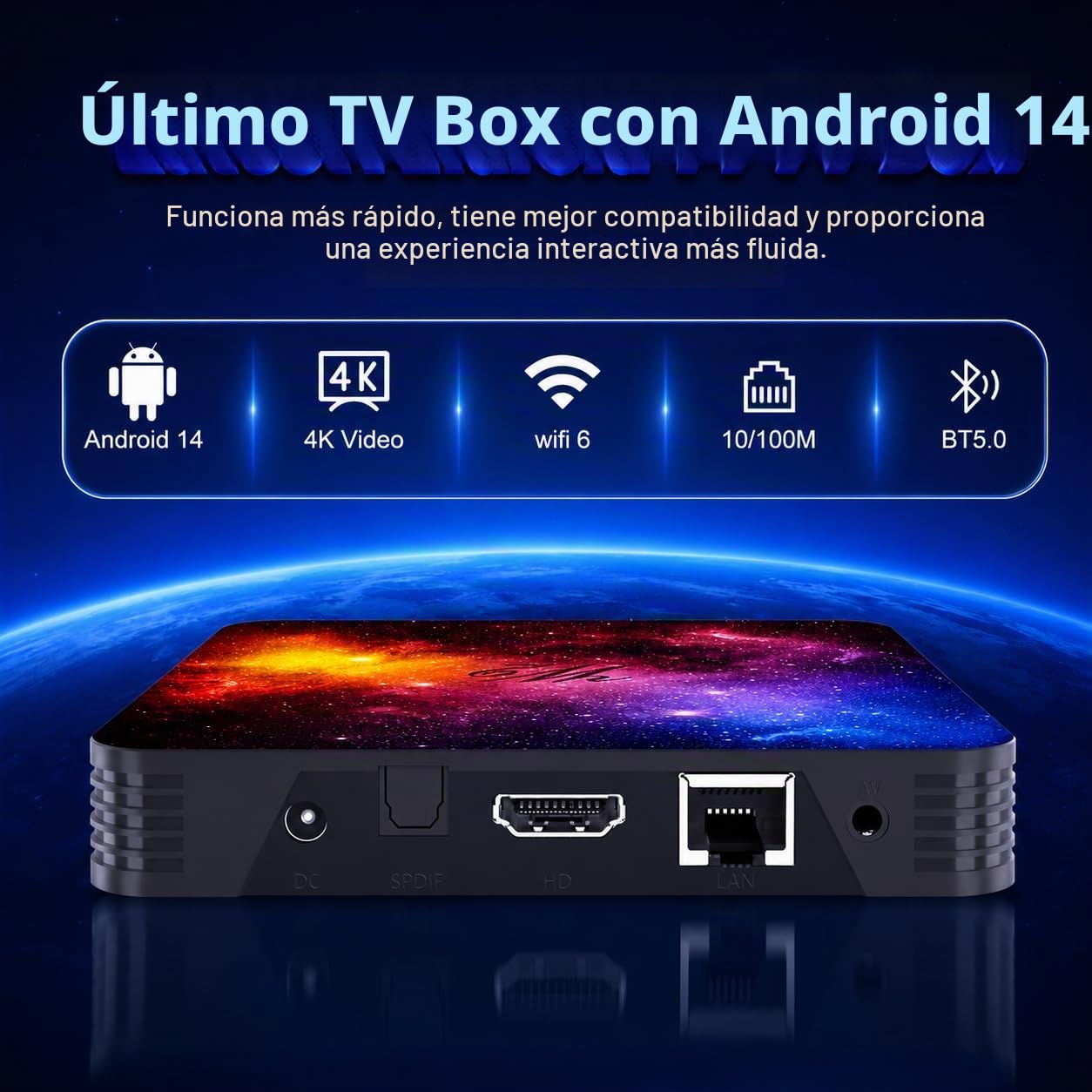 Caja Android TV 2026 v14, 8K, 4GB RAM + 128GB ROM, GPU Mali-G31, WiFi Doble Banda 2.4G/5G y Bluetooth 5.0, Puertos USB 2.0/3.0 y HDMI, Caja Inteligente sin miniteclado, reproducción 3D