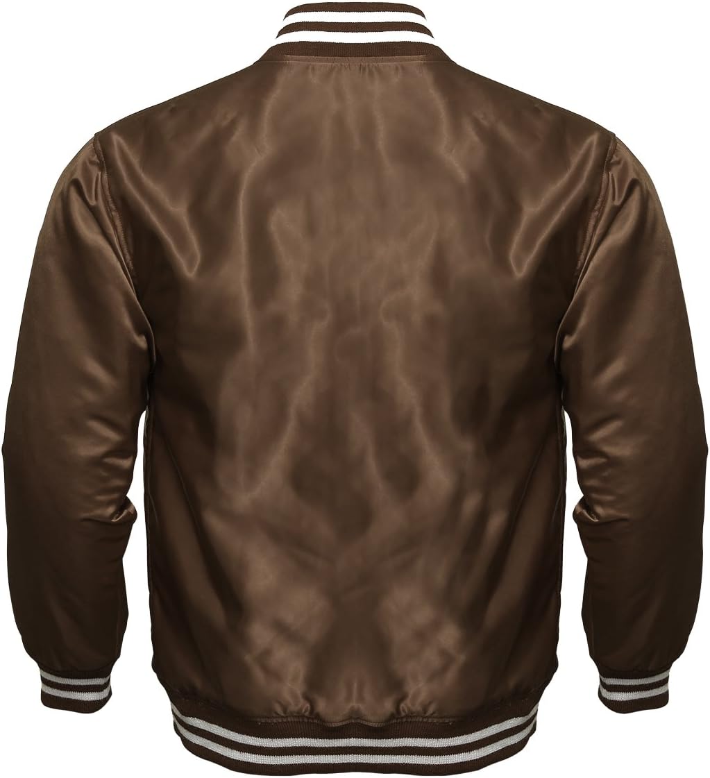 Genz Men Women Bomber Jacket Satin Polyester Vintage Army Biker Retro Zip Up Casual Coat (BROWN, X-LARGE)