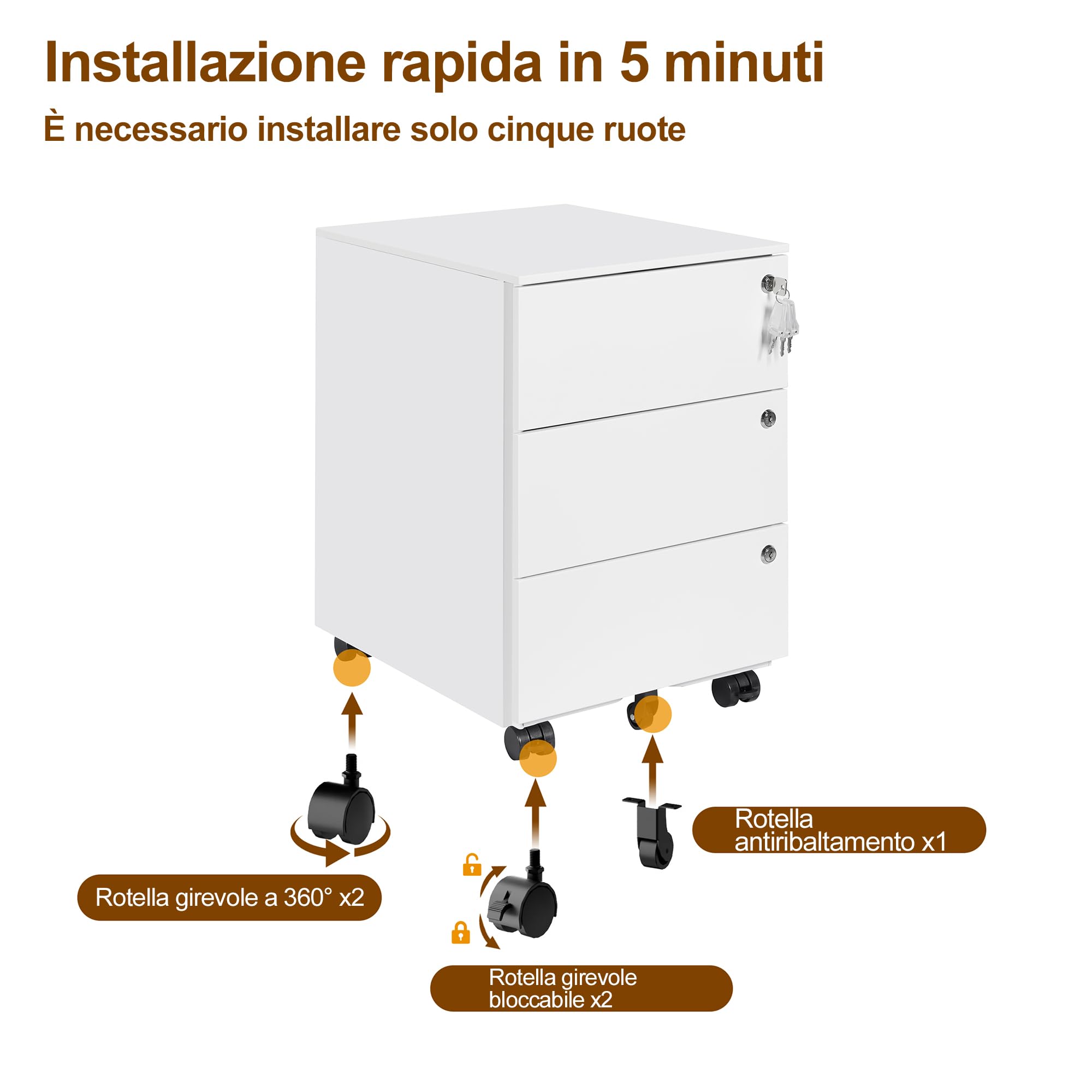 Cassettiera Scrivania Mobile, Cassettiera con 3 serrature, 4 Chiavi, 3 Cassetti, in Acciaio, Preassemblato, Bianco