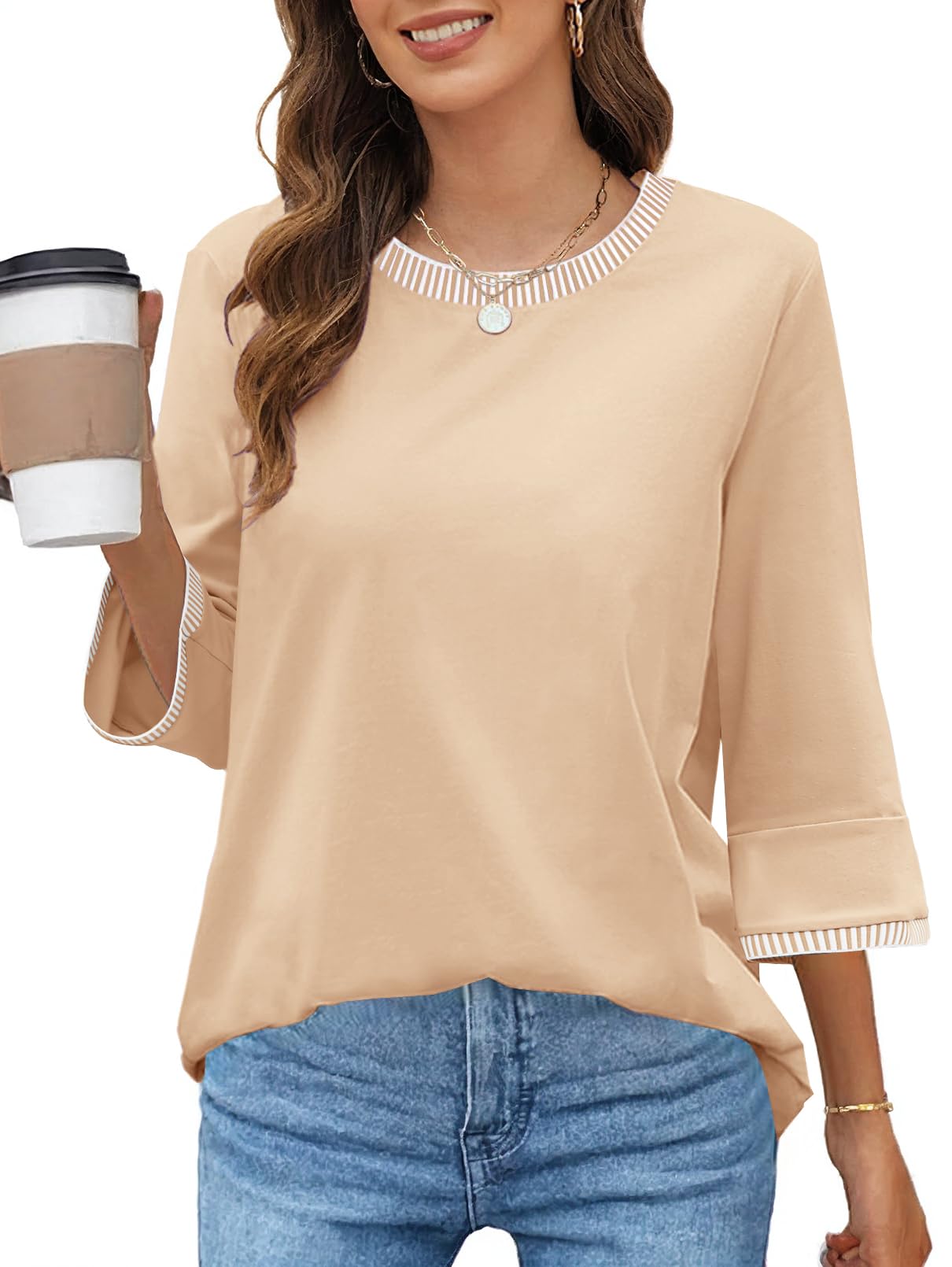 MEROKEETY Women's 3/4 Length Sleeve Tops Dressy Casual Crew Neck Loose Trendy Spring Blouses T Shirts