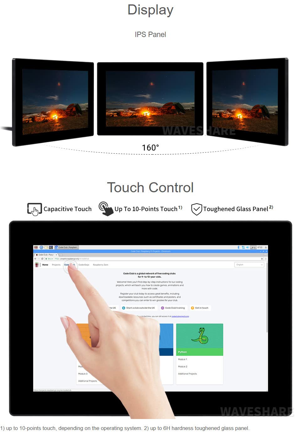 Waveshare 10.1inch HD Capacitive Touch Screen LCD (G) with 1920×1200 Resolution HDMI IPS Display, 10-Points Touch Fully Laminated Screen 160°Viewing Angle, Supports Raspberry Pi/Jetson Nano/PC