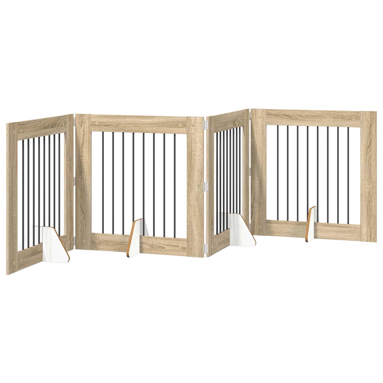 Puerta para perros con soporte, 4 piezas de roble Sonoma, plegable, 80 x 80 cm, vallas de metal para perros, para interior modular, parque de paseo, protección y seguridad para cachorros y