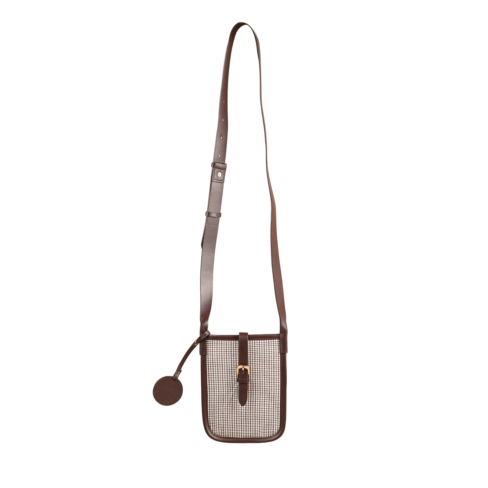 Women Tweedette Tweed Sling Bag for Women | Houndstooth Panel Shoulder Bag with Leather Trim-image-10