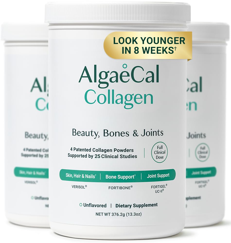 ALGAECAL Collagen - 4 Clinically-Supported Peptides VERISOL®, FORTIGEL®, UC-II®, FORTIBONE®, Anti-Aging Hydrolyzed Collagen Powder, 3 Packs, Made in USA