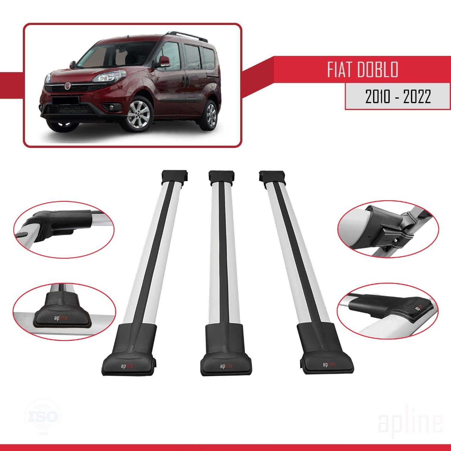 Compatibile con Fiat Doblo 2 (263) 2010-2022 Modello FLY Barre Tetto Portapacchi Auto Barre Portatutto Grigio Alluminio 3 Barre