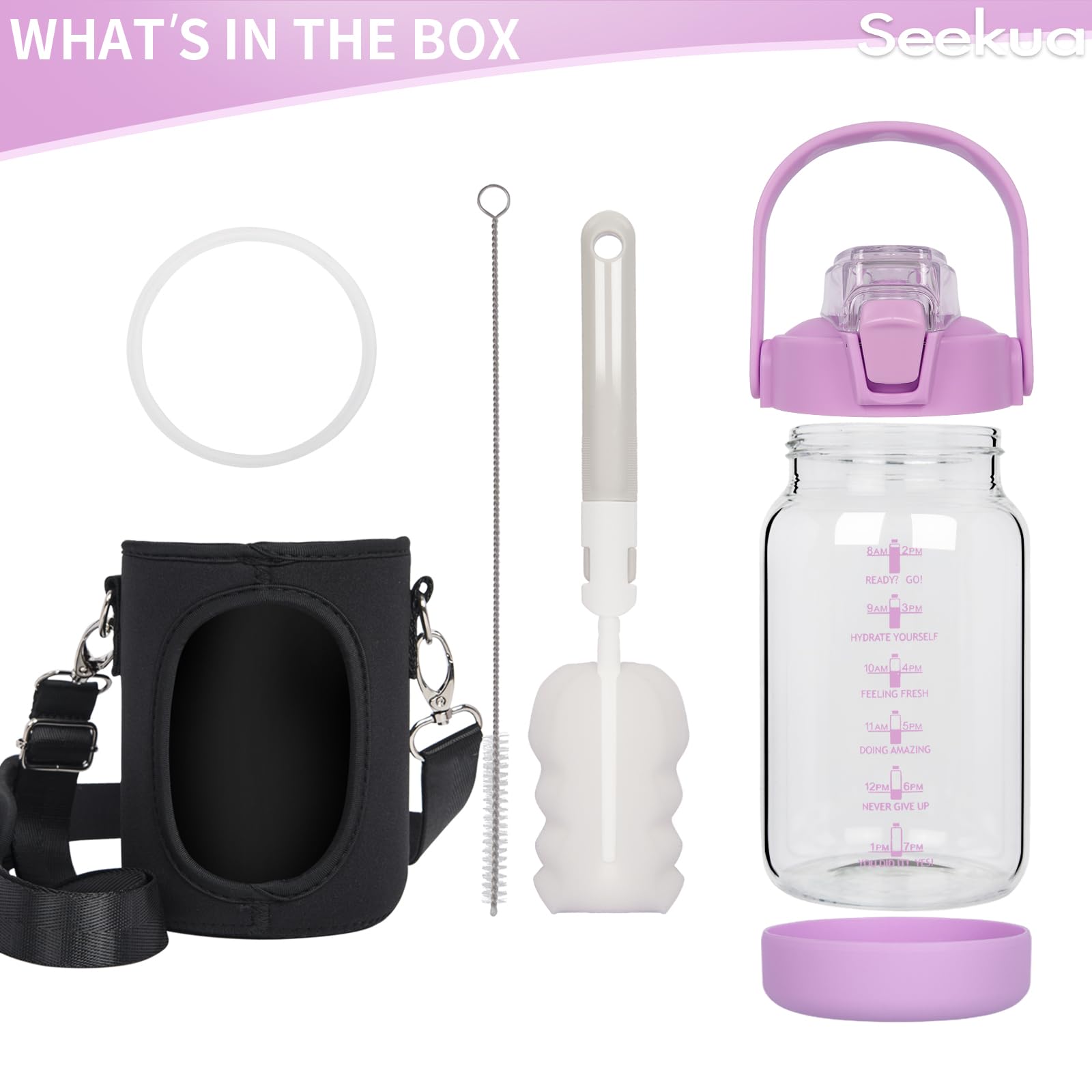 Seekua 1l Glass Water Bottle with Straw & Motivational Time Markings 1 litre Large Leakproof Gym Drinking Bottle - Image 4