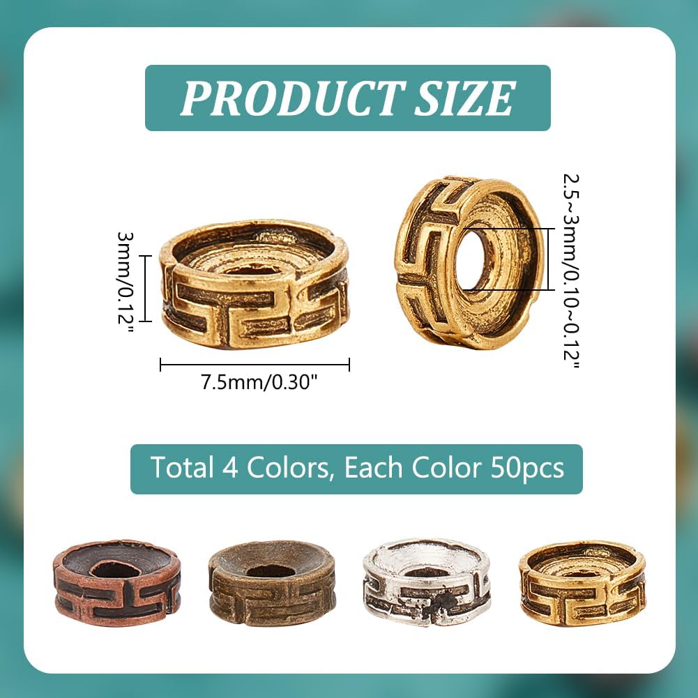 PH PandaHall 200pcs Tibetan Spacer Beads, 4 Colors Flat Round Beads 7.5x3mm Carved Roundelle Spacer Beads Metal Alloy Beads Loose Beads for Jewelry Bracelet Necklace Earring Making, Hole 2.5~3mm