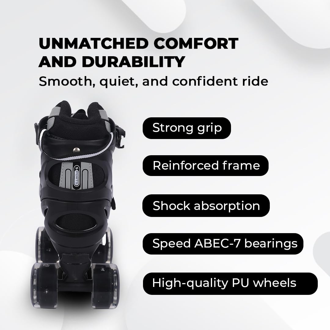 ENDLESS EL1029 Adjustable Roller Skate | Color: Black | Size: Medium (US1-US5) | for Kids 6 to 12 Years | Strong Chassis and 70 mm PU 4 Flashing Wheels | ABEC 7 Bearings | Indoor-Outdoor