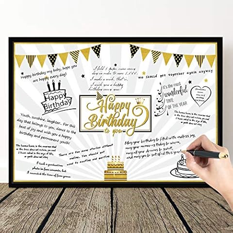 Tarjeta Decorativa de Fiesta de Cumpleaños Tarjetas de Felicitación de Mensaje de Happy Birthday Globos Gigantes Negros y Dorados Estrellas Señal Cartel Alternativo de Registro de Invitados Cover
