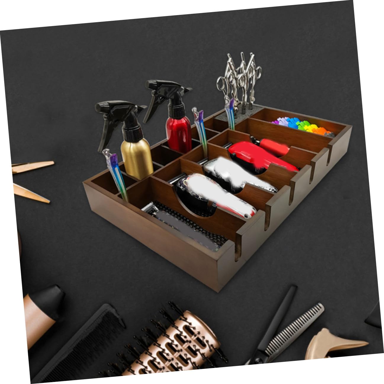 ULTECHNOVO Plateau pour Tondeuse de Barbier en Bois Grosse Capacité et Design à Grille Rationnelle, Organise Efficacement les Outils un Salon de Coiffure