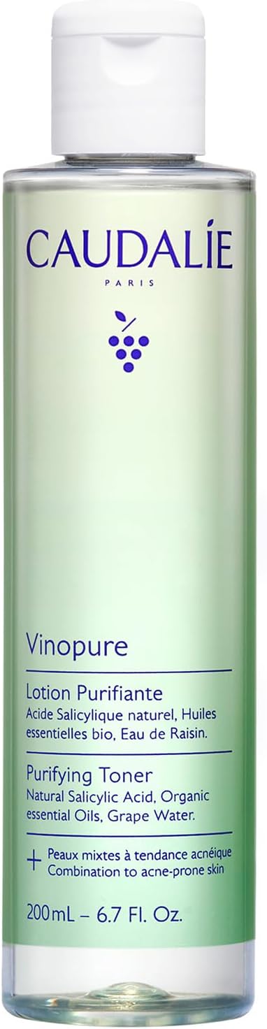 Caudalie Vinopure Loção Tônica Purificante com Ácido Salicílico Natural, Água de Uva e Óleos Essenciais para Pele Oleosa e com Acne – 200 mL