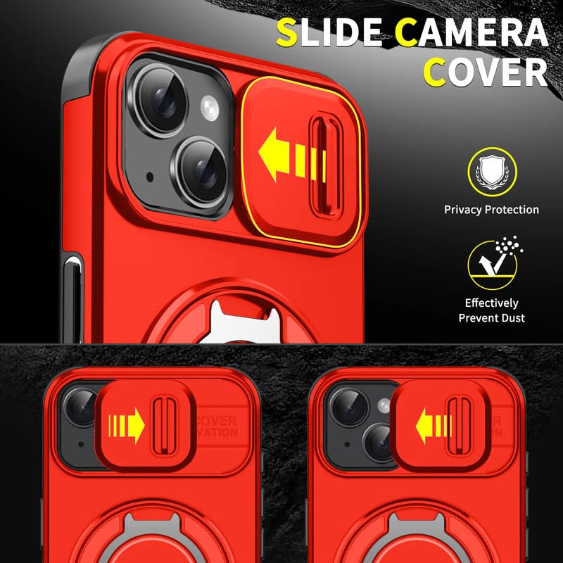 Image of LuxuryKase Shockproof Rugged Case for iPhone 15 | Slide Camera Cover | 360 Rotating Ring Kickstand | Military-Grade Protection - Cherry Red