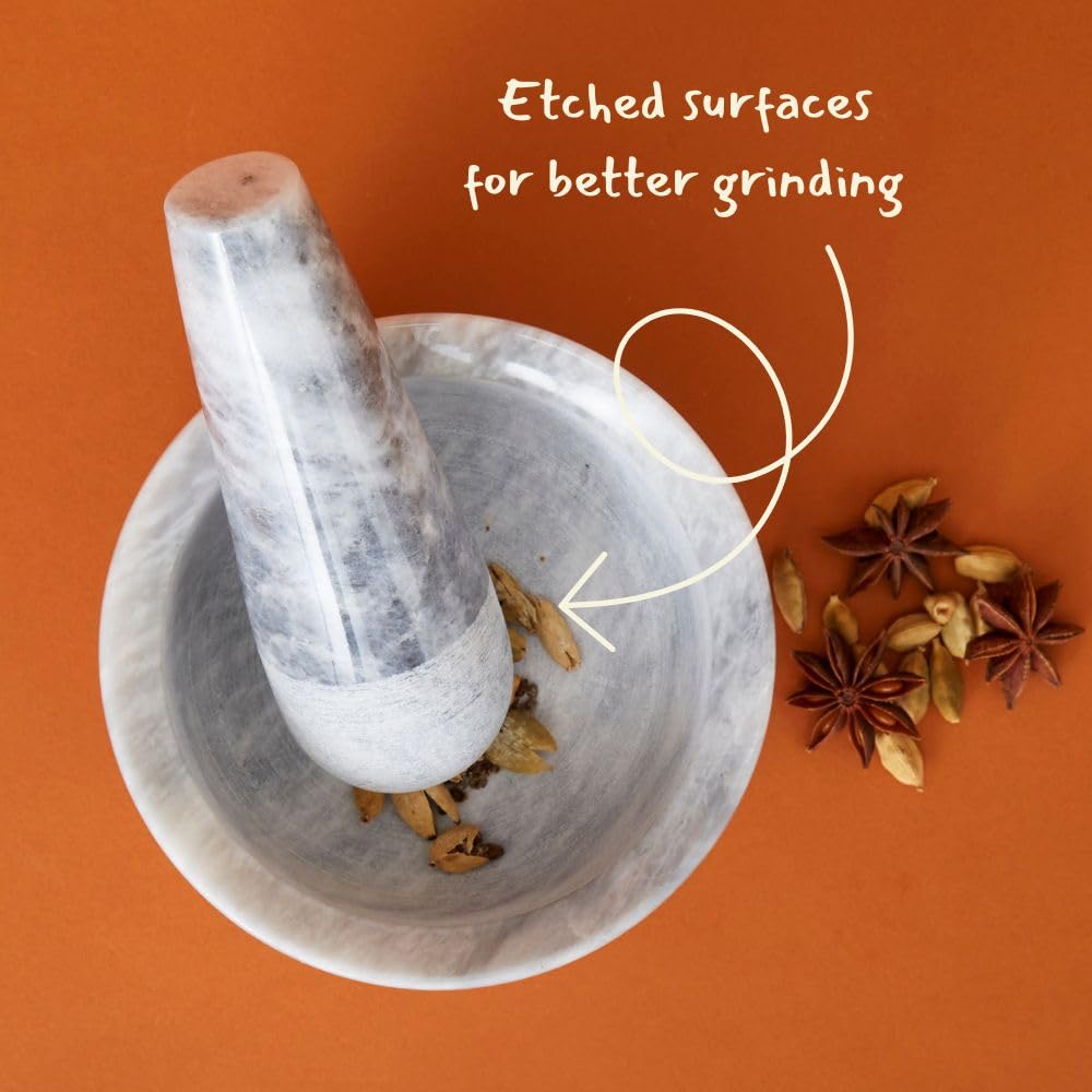 Kitchen Utensils & Gadgets, Seasoning & Spice Tools, Mortar Pestle Set, Grinder for Spices and Herbs, Kitchen Countertop, Small Spaces, Aesthetic, Sturdy, Round, 5" Wide, Gray White Marble Stone