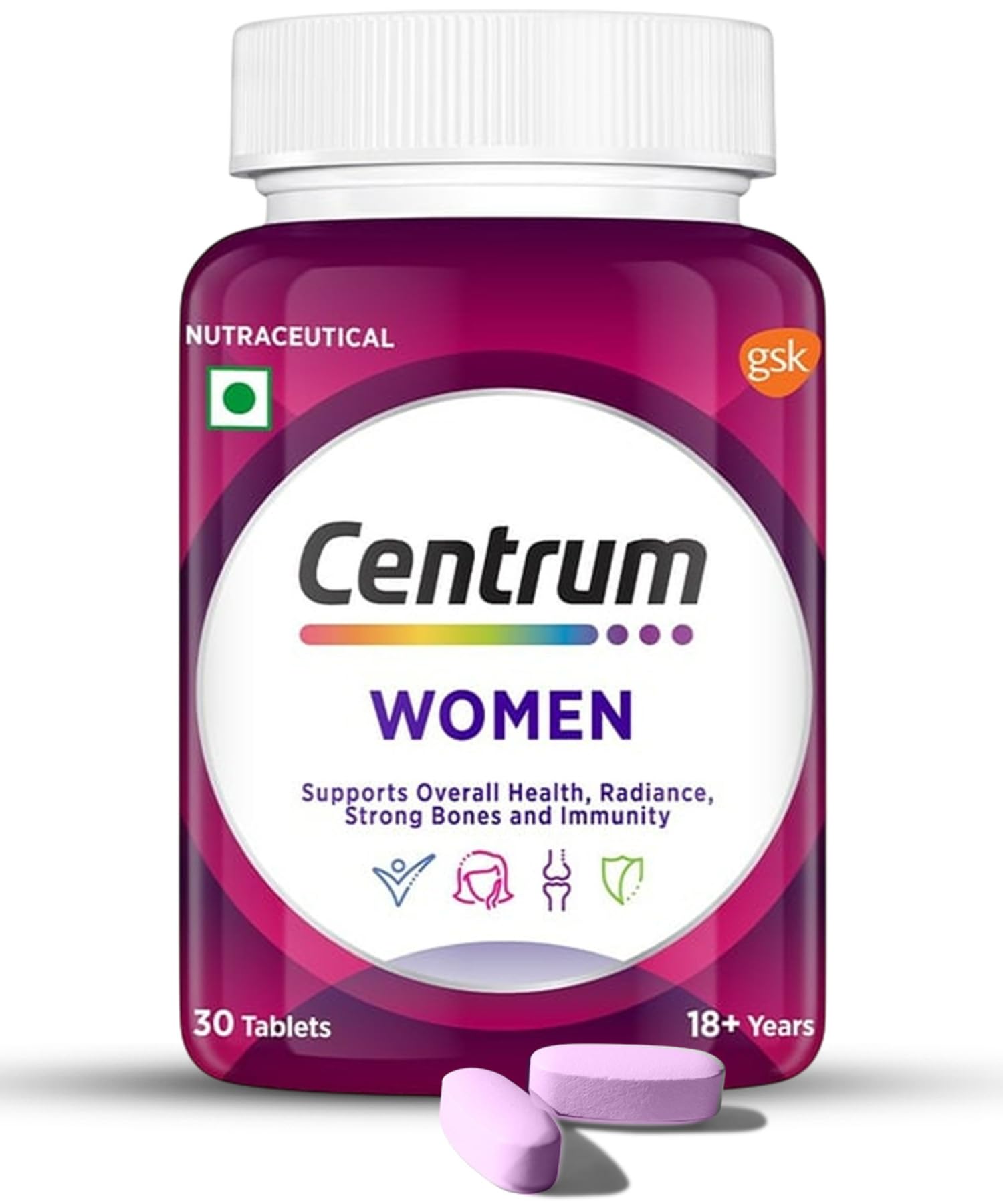 Women, World's No.1 Multivitamin with Biotin, Vitamin C & 21 vital Nutrients for Overall Health, Radiance, Strong Bones & Immunity (Veg) Pack of 30 Tablets