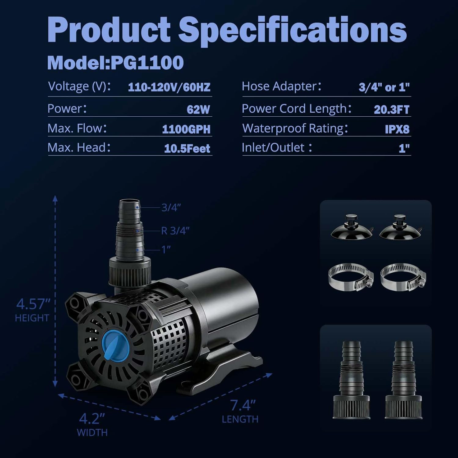 WaterRebirth PG Series 1100GPH Ultra Quiet Pond Pump, Adjustable Flow Control Energy Saving Submersible Pump with Filter for Garden Koi Pond & Waterfalls, Fountains and Hydroponics