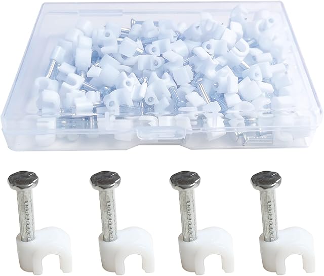 Round Cable Clips 100 Pack 4mm Wire Clips with Hardened Bold Steel Nail Pin for Electrical Wire CCTV Coax Cable RJ45 Ethernet Network Patch Management Wood Concrete Wall Outdoor Indoor (White)