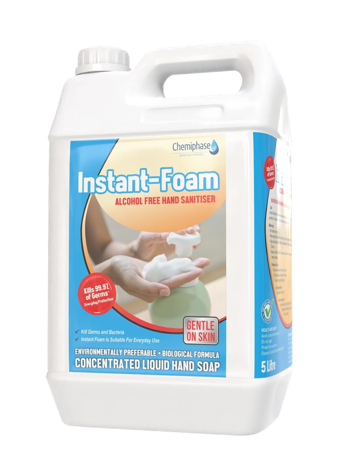 Instant Foam Alcohol-Free Hand Sanitiser â€“ Kills 99.99% of Germs, Gentle on Skin â€“ Everyday Protection, Quick Drying, and Non-Sticky Formula 5 Litres