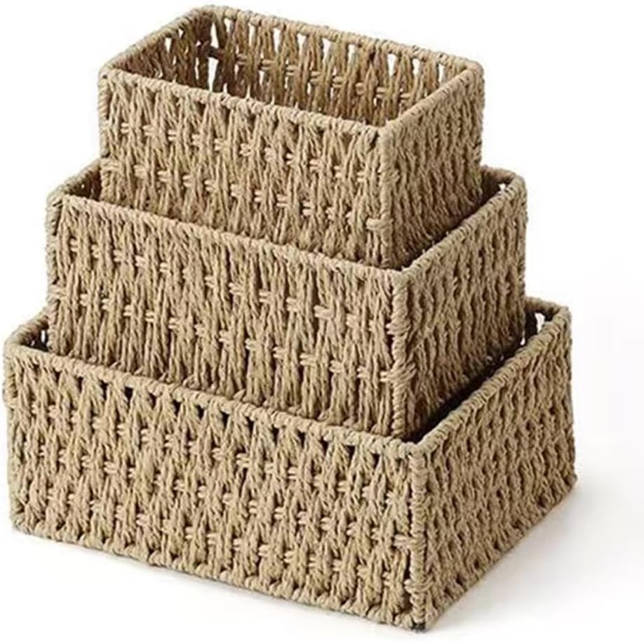 BEVKAF Seagrass Set of 3 Rectangular Storage Baskets (Beige)