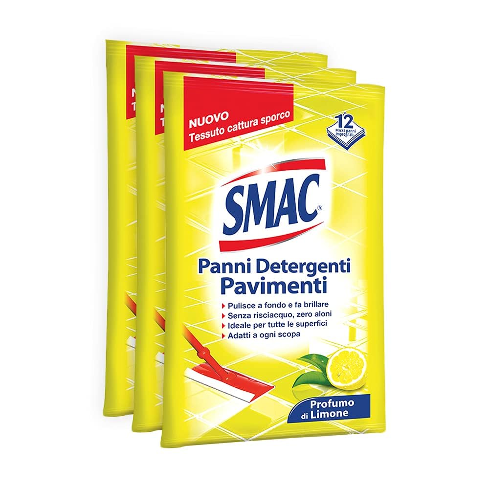 Smac - Panni Umidi Detergenti Lavapavimenti Adatti a Ogni Scopa, 36 Panni, Pulizia senza Risciacquo, Zero Aloni, Profumo di Limone, 12 Panni x 3 Confezioni