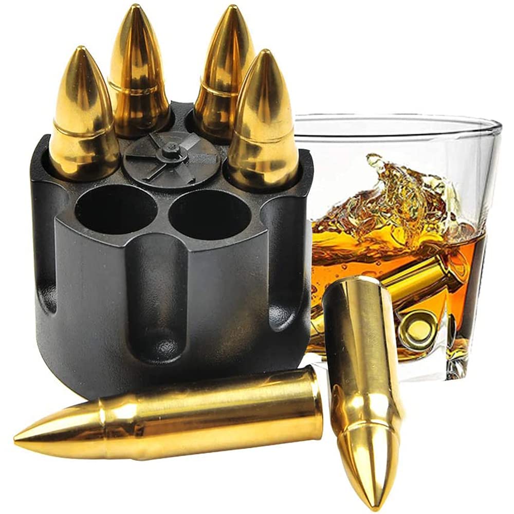 URbazaar Whiskey Stones Set Of 6 Extra Large Stainless Steel Whiskey Bullets In Realistic Revolver Freezer Base Reusable Chilling Rocks Stone Ice Cubes Chillers Birth Day Gift Set for Father Day