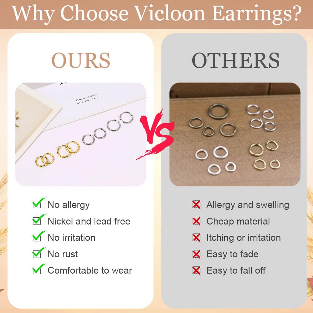 Vicloon Orecchini Acciaio Chirurgico, 9 Paia Set di Orecchini a Bottonecon Retro Piatto Orecchini a Cerchio Cartilagine Ipoallergenica Cartilagine Helix Piercing Orecchio Set Orecchini Donna