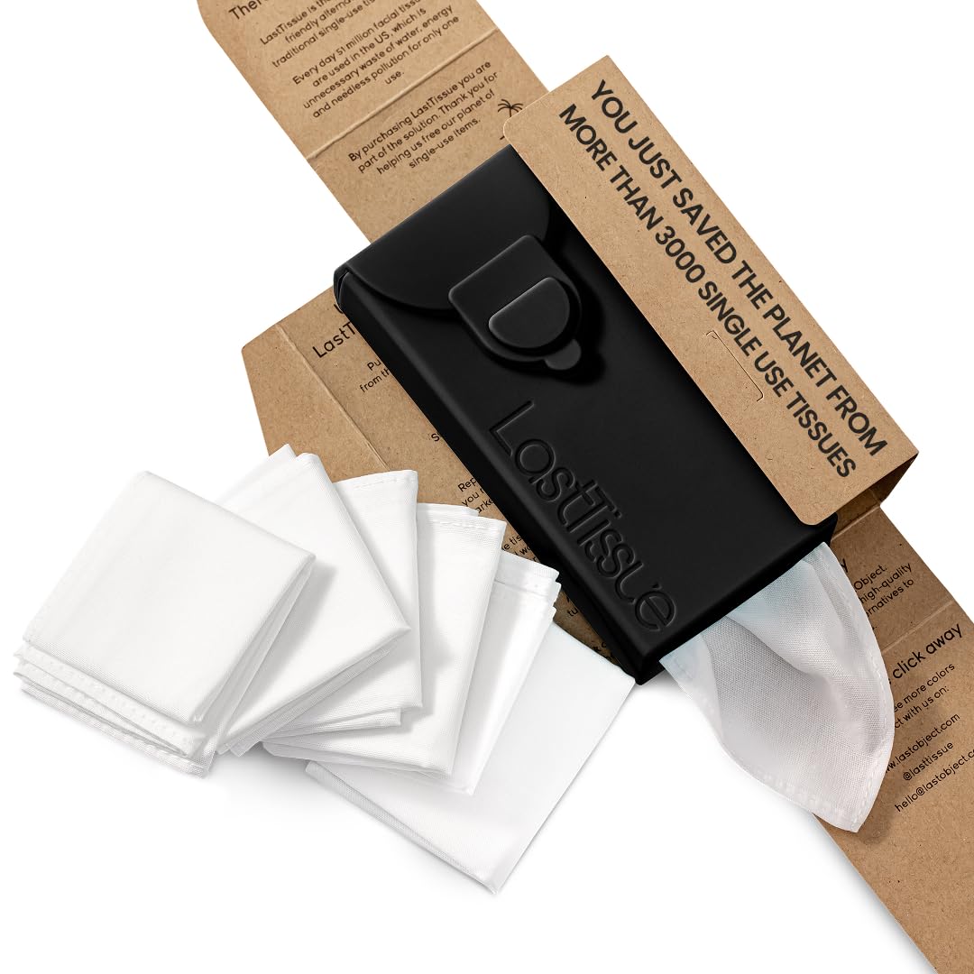 LastTissue® Reusable Cotton Tissue Pack | Face Towels & Handkerchiefs for Men & Women – Washable, Sustainable Facial Tissue with Storage Case - Black