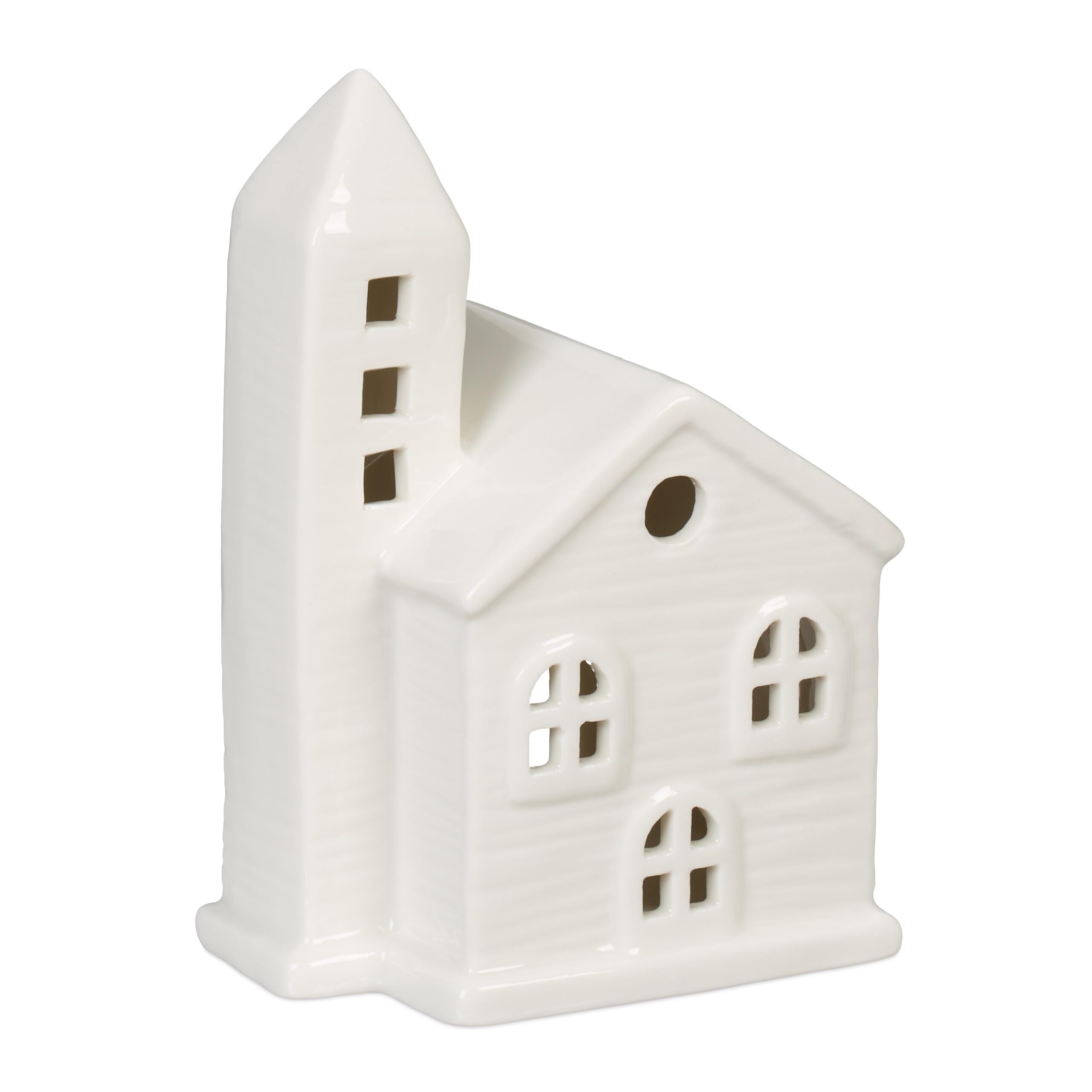 Relaxdays Tealight House Ceramic, Light Through Windows, for 1 Candle, HxWxD: 13.5 x 10 x 7 cm, Table Decoration, White