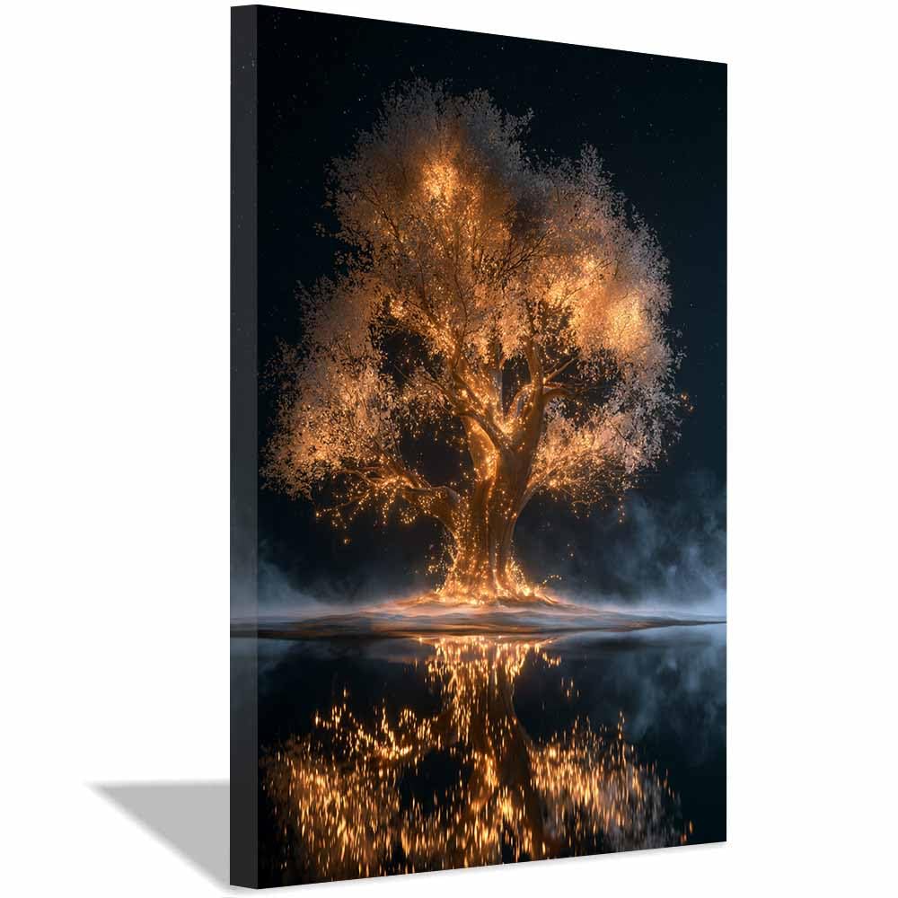 HOQIU Canvas Wall Art Starry Golden Tree tree poster, landscape wall art, for Living Room Bedroom Bathroom.(Multicolor)-60x80cm Framed