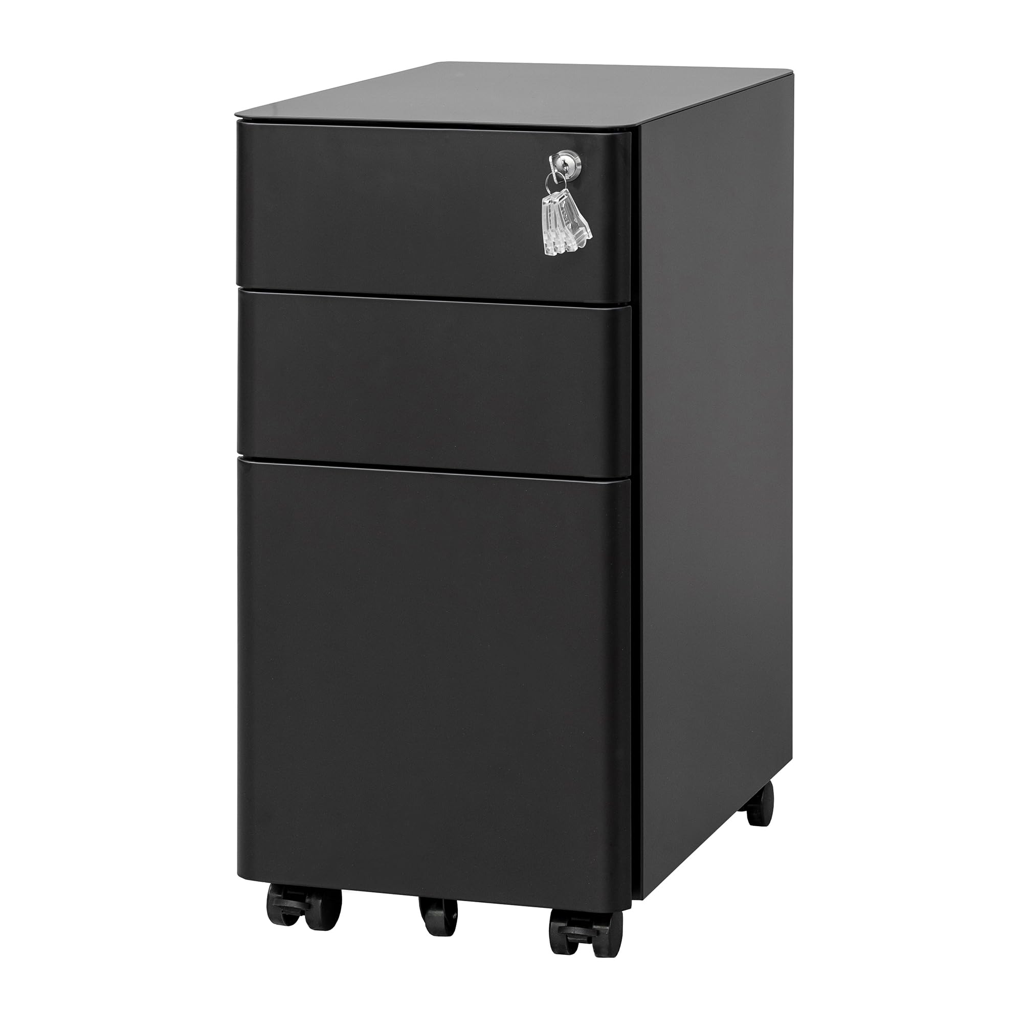 LVSTEEL Lockable 3-Drawer Metal Filing Cabinet on Wheels, Fully Assembled Mobile Office Storage for A4/Letter/Legal, Under Desk Filing Cabinets for Home Office, Black