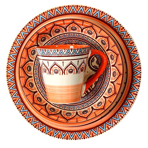 Elama Mandala Round Stoneware Multicolor Dinnerware Set, 16 Piece, Orange #TOP2