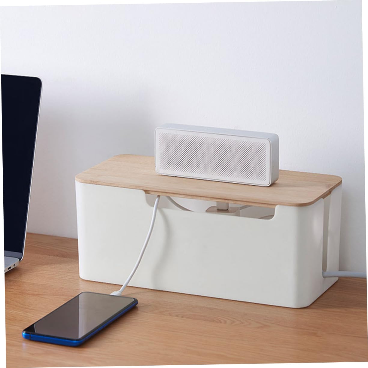 Caja de Cables Grande Tapa de Bambú para Enchufes y Cordones