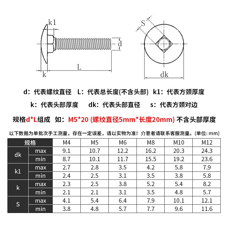 Image of 20pcs M6 Carriage Bolts Screws, 304 Stainless Steel, Round Head, Square Neck, Fully Threaded M6x12mm (M6*12)