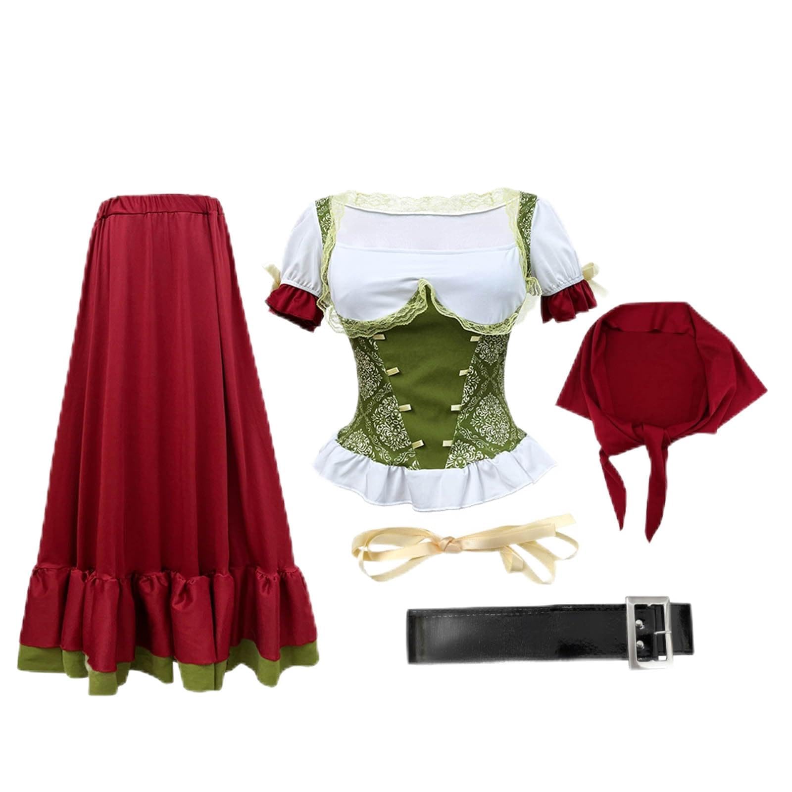 Dirndl Rot Damen Lang Dirndl Kleid Kurzarm Dirndlbluse,Schleife,Haarreif,Gürtel 5 Teilig Dirndl-Komplettsets Trachten Trachtenrock Trachtenkleid Festliches Wiesn Outfit Für Oktoberfest Karneval
