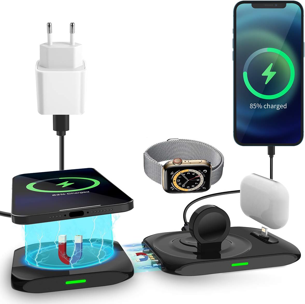 AICase Inductive Charger, Magnetic Wi-fi Charger Appropriate with Magazine Protected, 15 W Quick 4-in-1 Inductive Charging Station for iPhone 12 Professional/12 Professional Max/Mini, iWatch, Airpods Professional (with 18 W QC 3.0