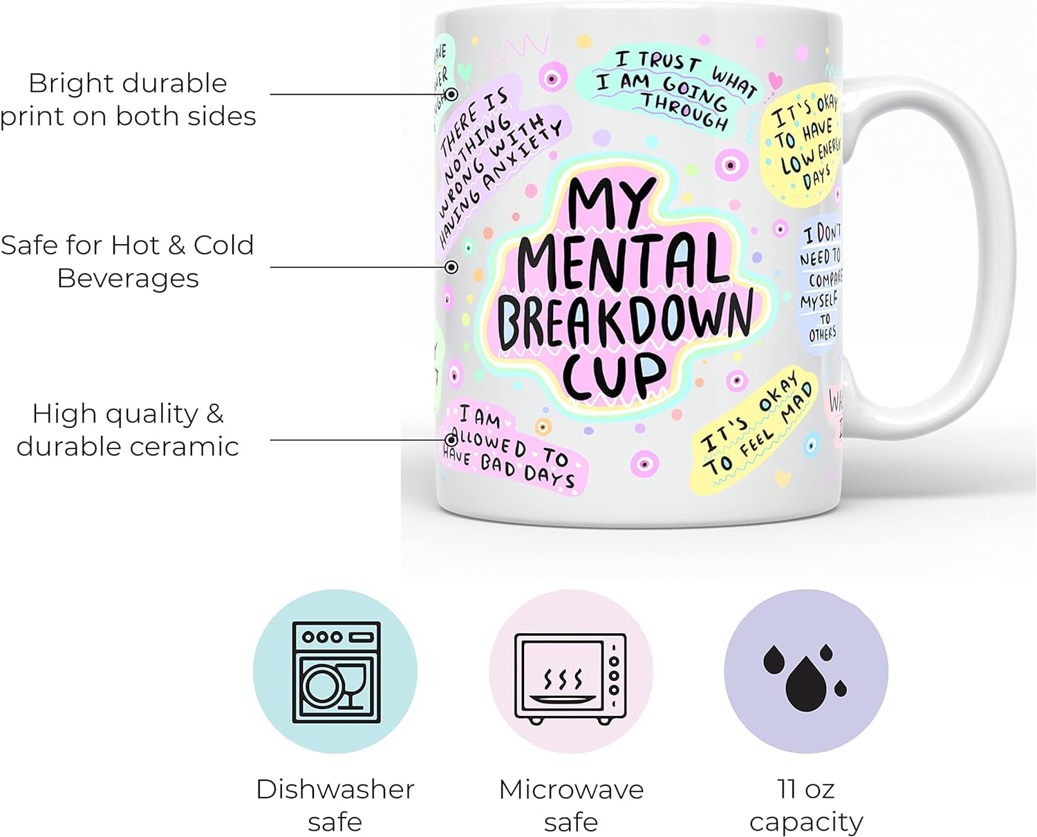 PRINTSHOP4ME Self-Care Coffee Mug for Women - Start Your Day with Inspiration - 11 Oz Motivational Mug with Daily Affirmations - Novelty Gift for Mental Health Awareness (White Handle)
