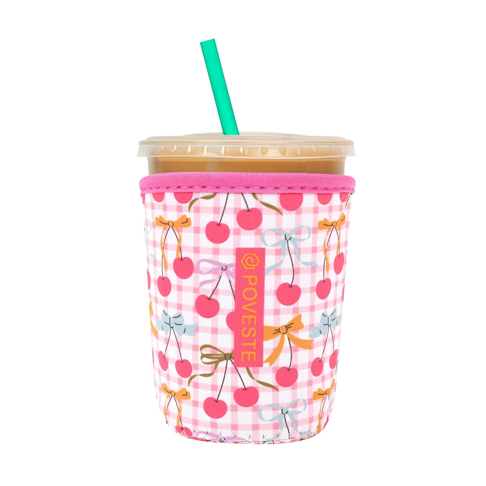 Reusable Neoprene Insulator Sleeve for Iced Coffee &amp; Cold Soda, Coffee Sleeves for Iced &amp; Hot Drinks, Cold Beverage Cooler Compatible with Starbucks, Dunkin (Cherry Picked, Small: 16-18oz)