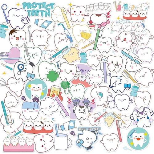 50 Pcs Tooth Cartoon Stickers Dentist-Themed Waterproof PVC Reward Stickers Self-Adhesive Labels for Dental Clinics Patient Gifts Laptop Water Bottle DIY Craft Scrapbooking Party Favor