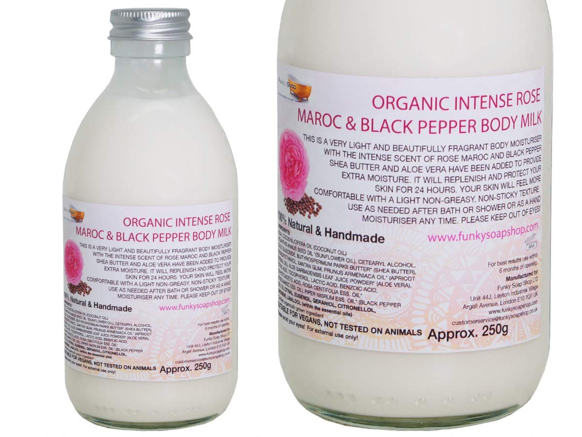 Handcrafted Intense Rose Maroc & Black Pepper Body Milk, Plastic Free, Glass bottle of 250ml