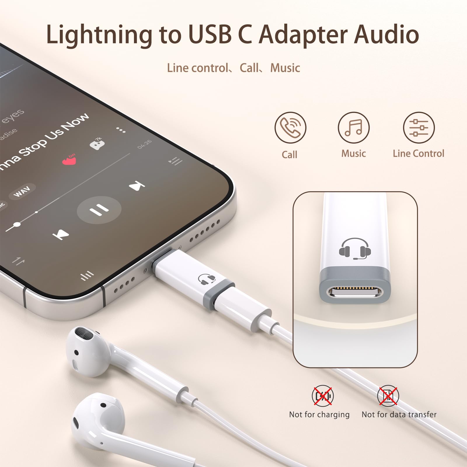 KAKAPOZO USB C to Lightning Headphone Adapter 1 Pack Lightning to Type C Audio Adapter DAC 16Bit/48Khz, Line Control, Call, Music, USB-C Converter for iPhone 15/16, Galaxy, iPad, MacBook, No Charging