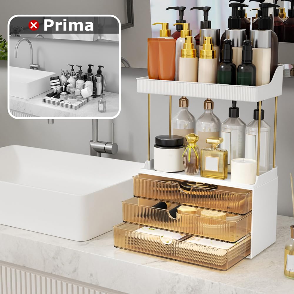 Organizer per trucchi – Upgrade 2 ripiani, 3 cassetti, grande organizer per cosmetici, organizzatore squisito, organizer da bagno, organizzatore da toeletta, ambra