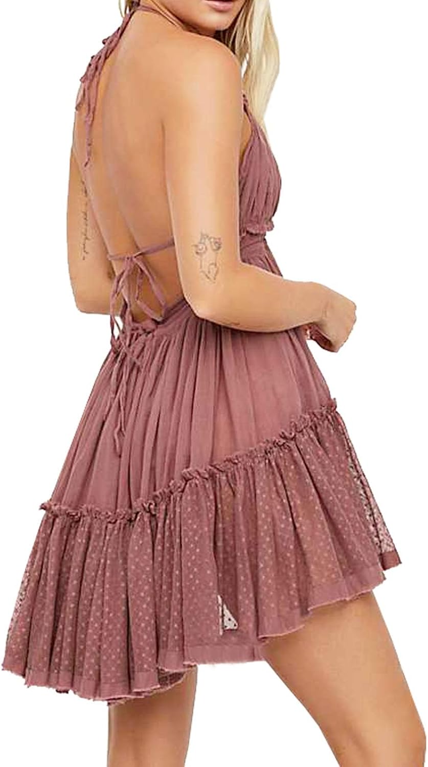 R.Vivimos Womens Summer Halter Deep V Neck Sexy Patchwork Mini Short Dresses - Image 2