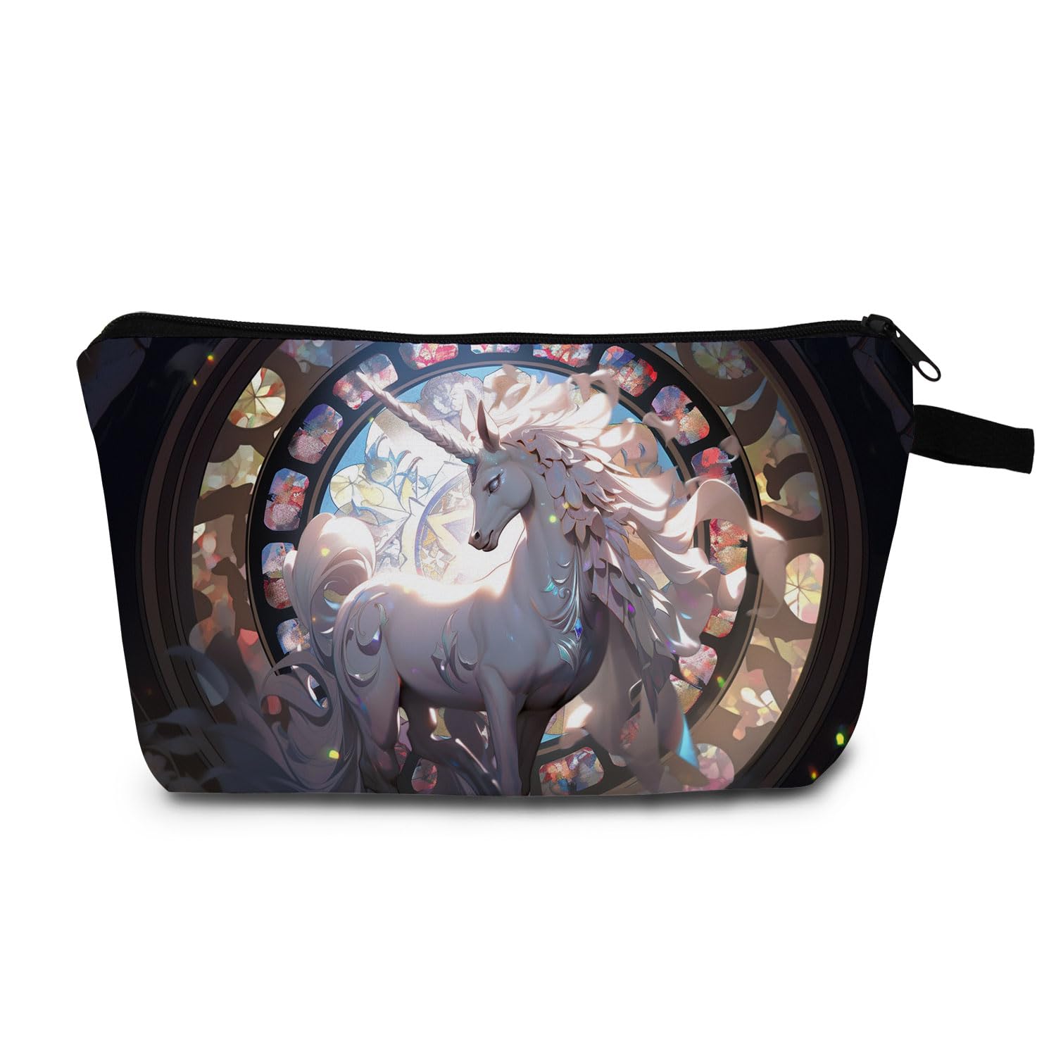 Mystical Unicorn Cosmetic Bag Ethereal White on Black Art Print Design Sleek Travel & Vanity Organizer Unique Gift Idea for Fantasy Enthusiasts Birthday Gift for Women Teen