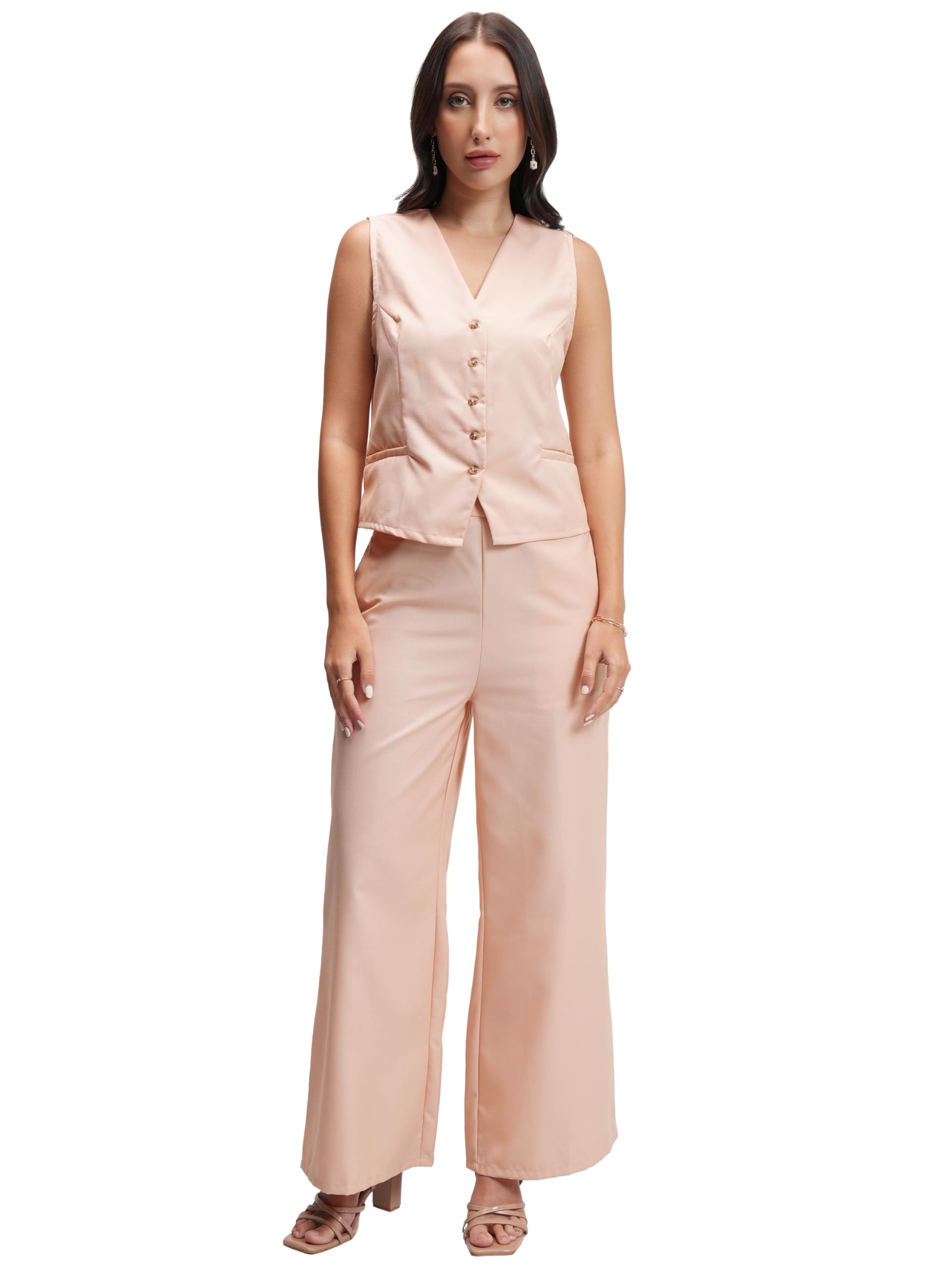 Tokyo Talkies Women Tailored Waistcoat & Flared Trousers Co-ord Set | Sleek & Sophisticated | Trendy & Versatile in neutral