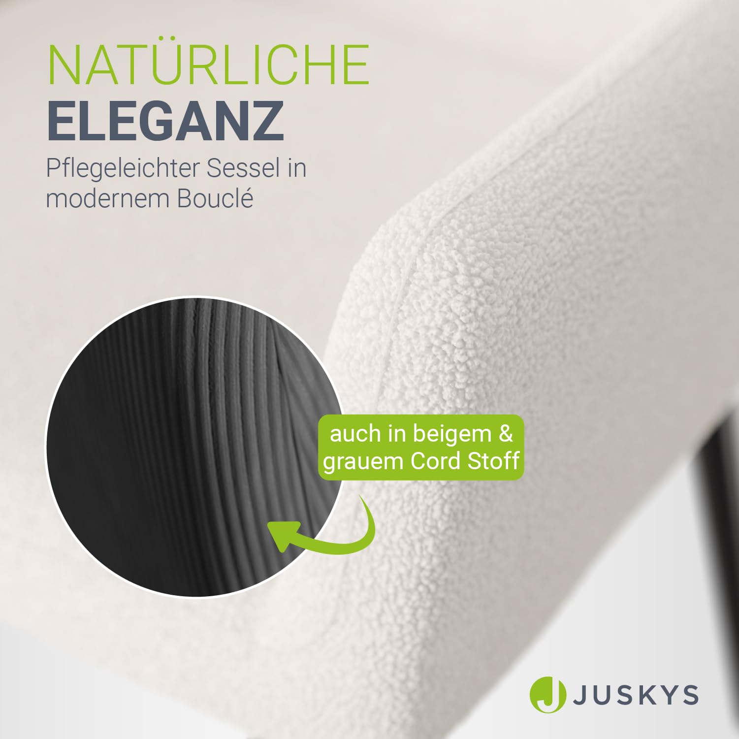 Juskys Ohrensessel Odense ohne Hocker, Relaxsessel mit Bouclé-Stoff, skandinavischer Stil, hoher Rücken & gepolstert, Stahlgestell – Beige