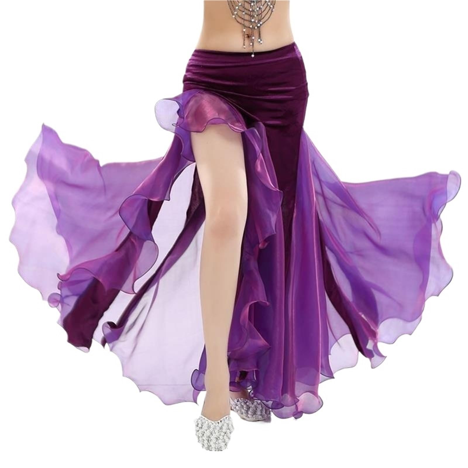 TRRYUIP Belly Dance Skirt Women Belly Dance Performance Skirt Split Long Chiffon Low Waist Swing Wear Carnival Party Dancing Clothing(Purple)