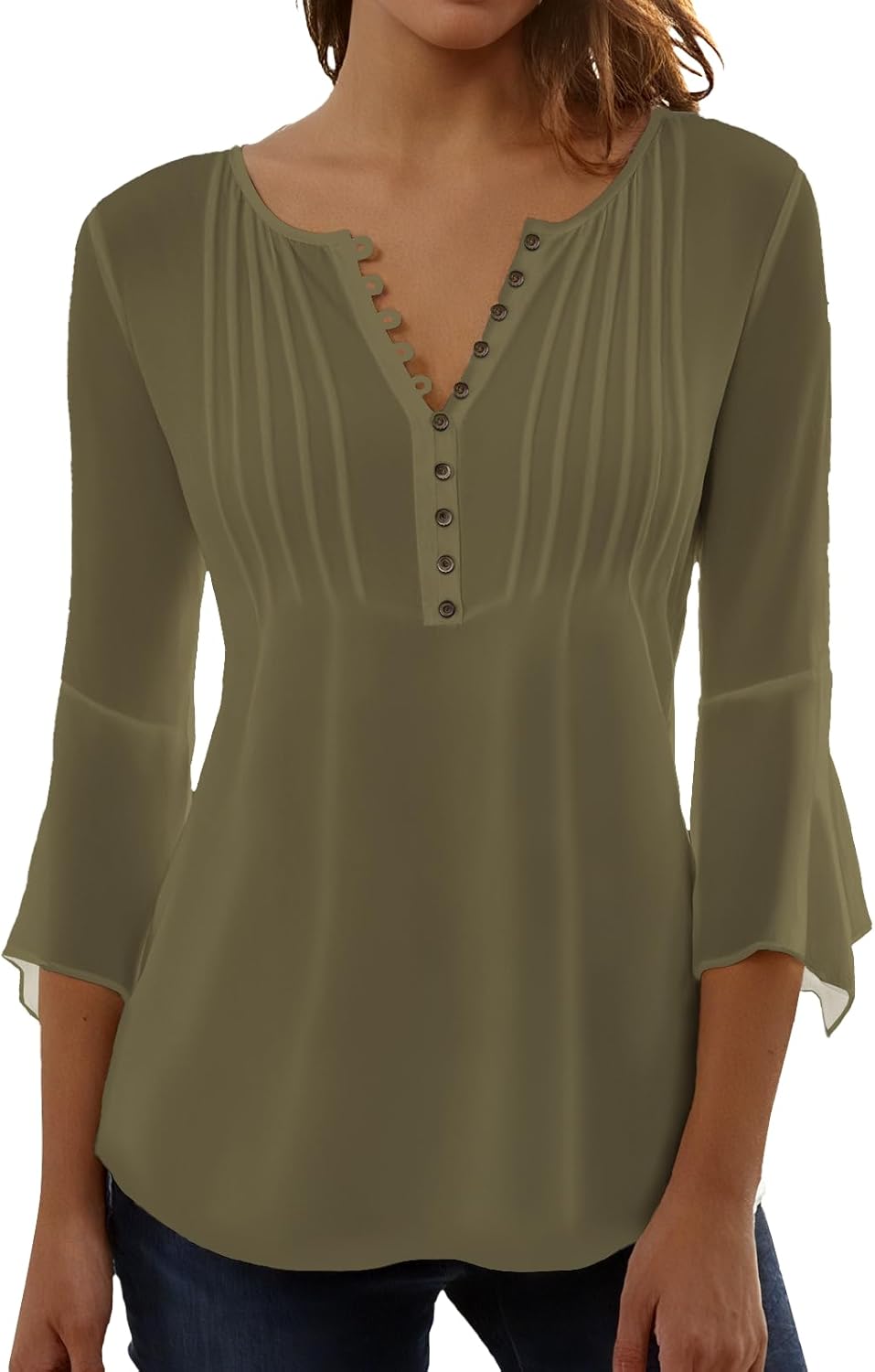 MARSVOVO Trendy Tunic Tops for Women Dressy Classic Notch V Neck Elegant Blouse Flowy Beach 3/4 Sleeve Top