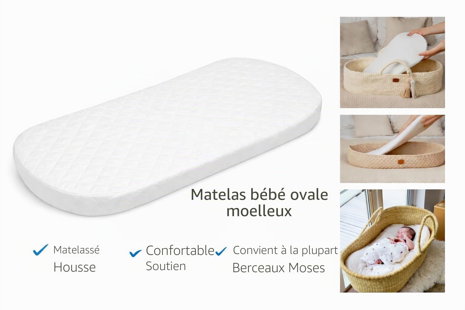 Matelas pour poussette hypoallergénique en microfibre 74 x 33 x 4 cm d'épaisseur (coins arrondis)