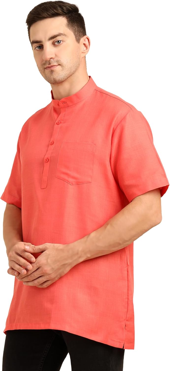 Men’s Poly Cotton Short Kurta Shirt Style | Half Sleeve Mandarin Collar Ethnic Kurta for Casual & Daily Wear - Image 3