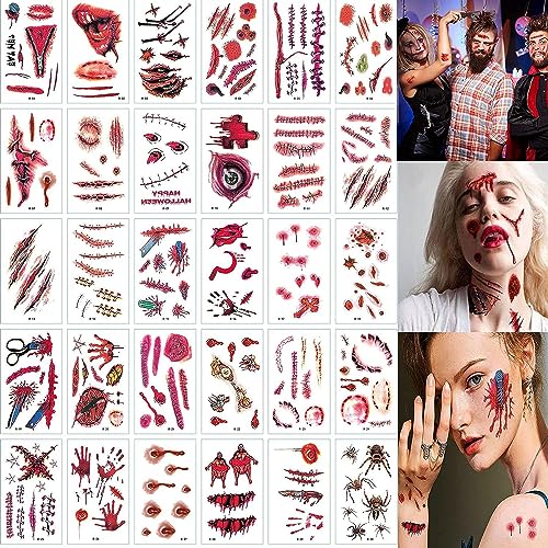 30 Blatt Halloween Temporäre Tattoo-Realistisch Wirkende Narben Wunden Tattoo Schaurig Blutige Vampir Zombie Tattoo für Cosplay Party Deko Zubehör Kinder Erwachsener Make-up Requisiten