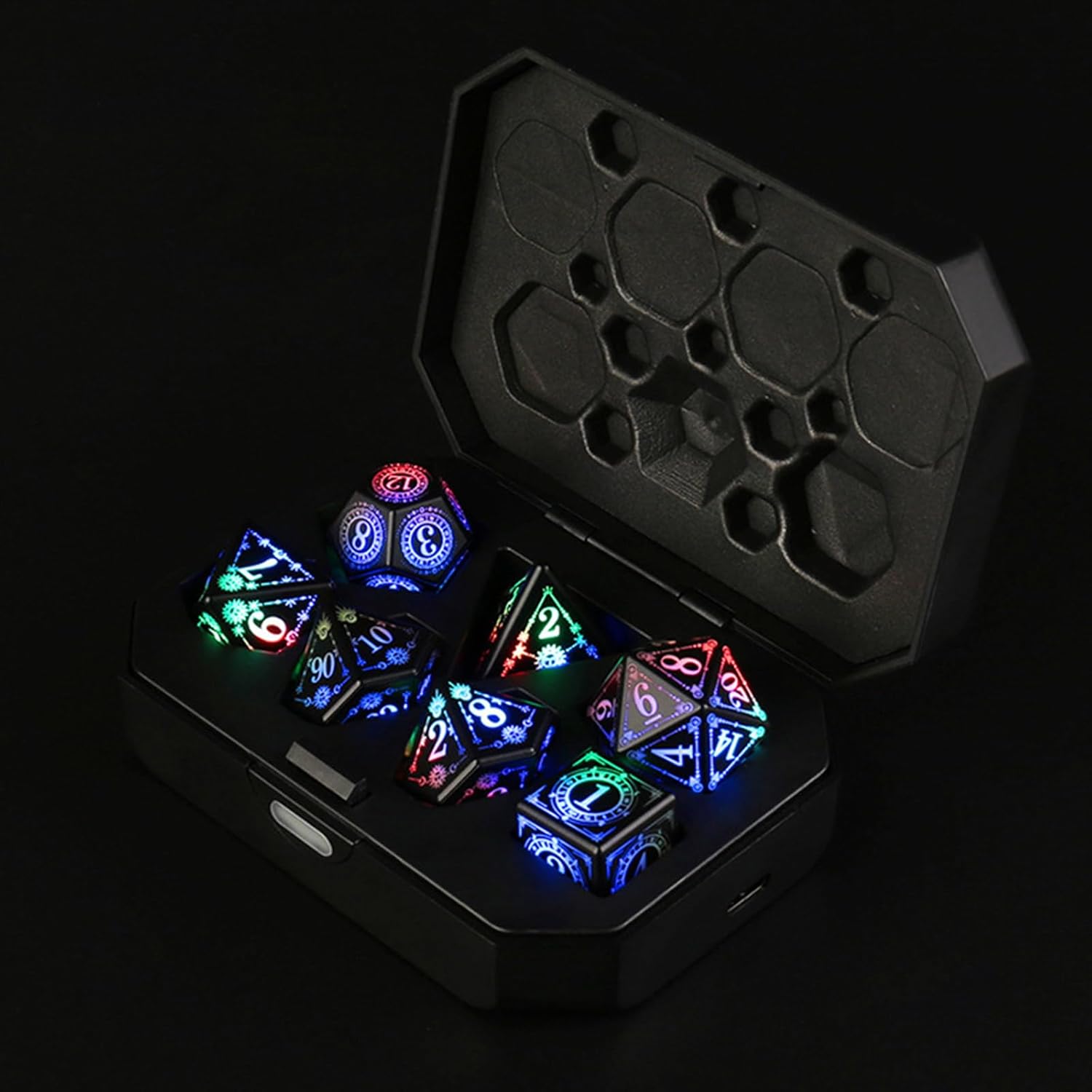 7Pcs Glowing Polyhedral Dices with Charging Box Rechargeable LED Colorful Light Electronic Dices for Role Playing Game